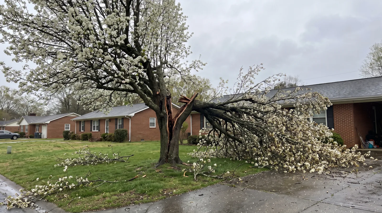 Bradford pear split at its narrow branch unions, half the crown down on a lawn