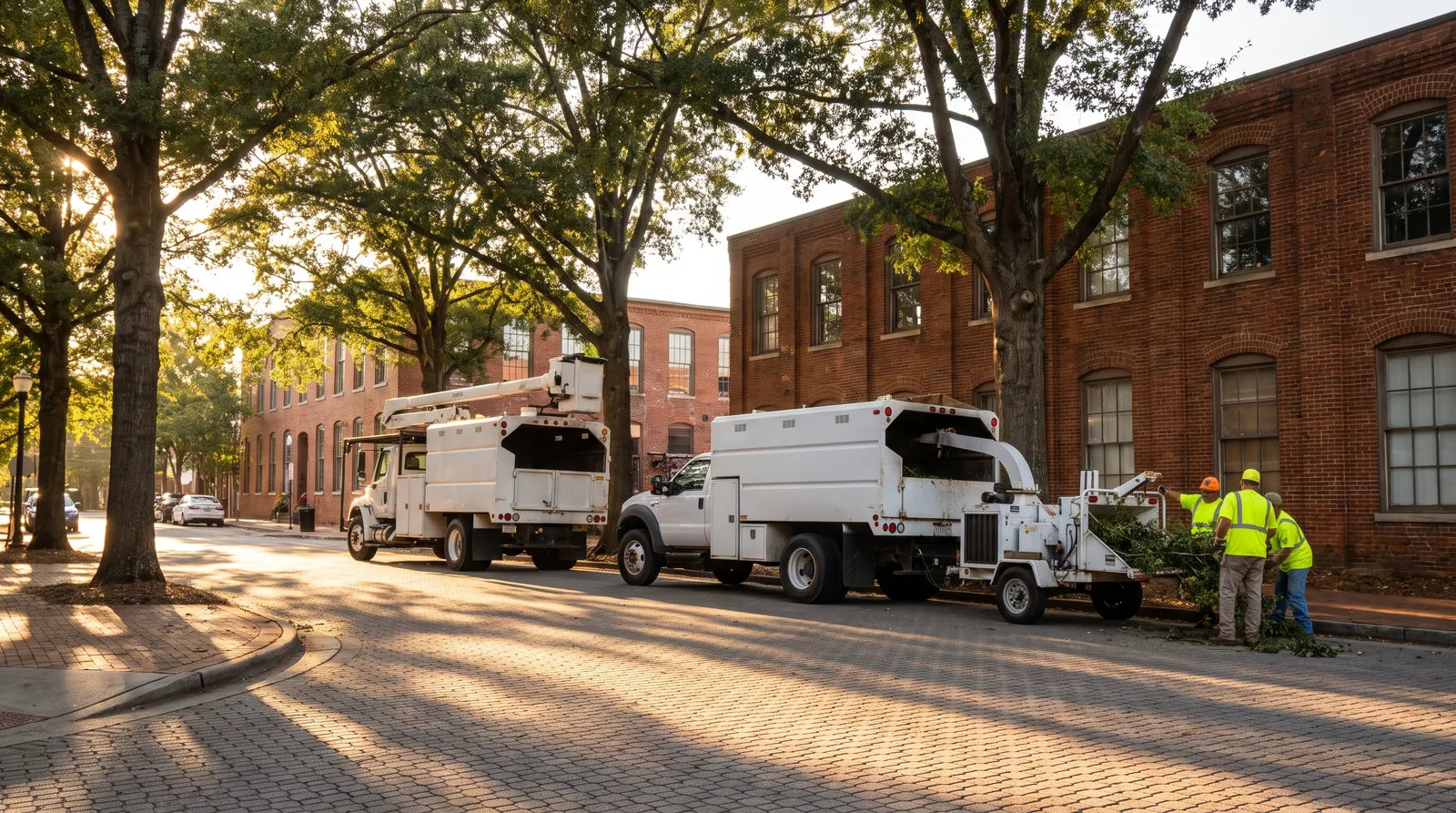 Bucket truck and chip truck parked beside restored brick mill buildings in downtown Concord
