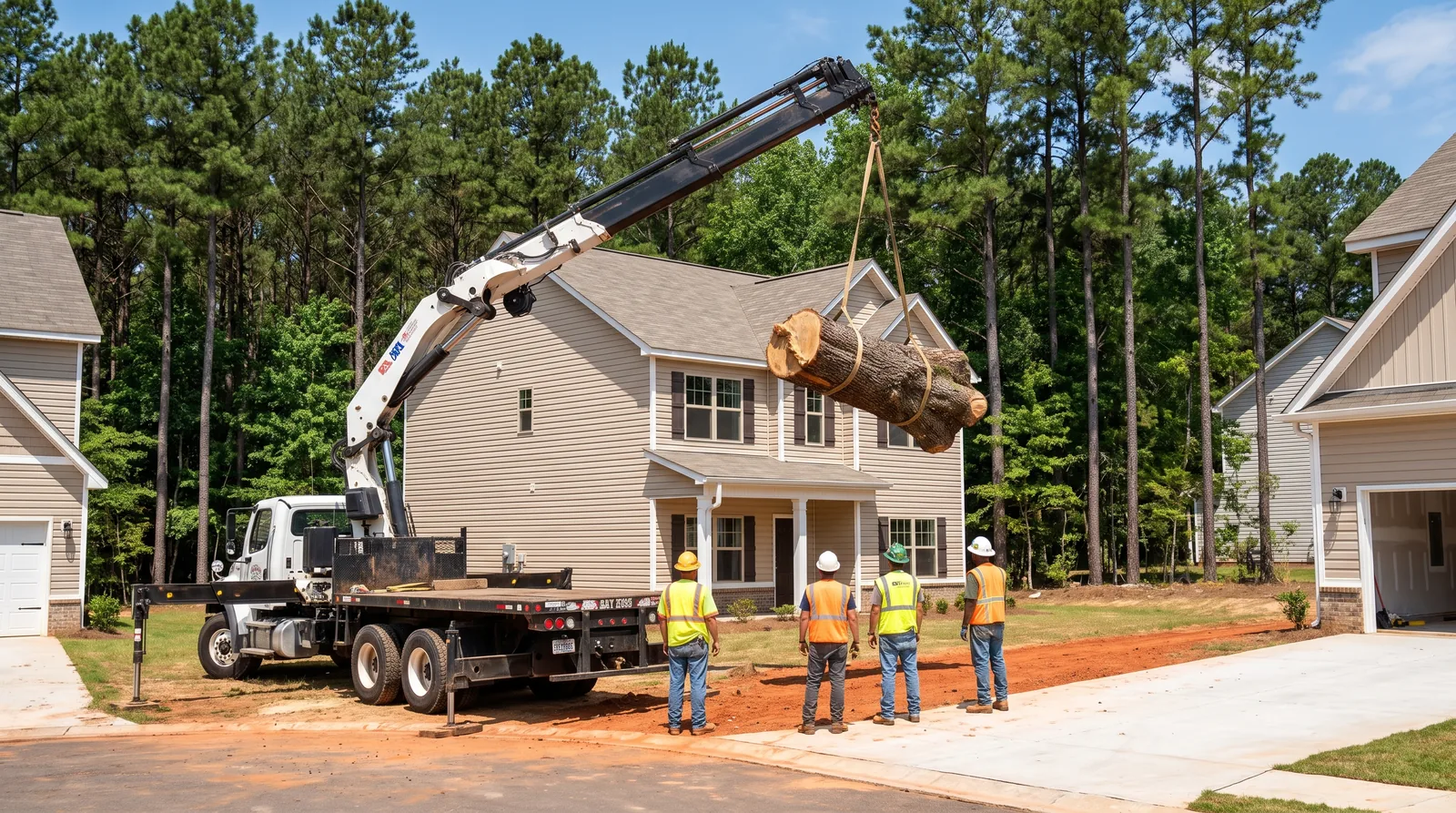 Knuckle-boom crane lifting an oak trunk over a two-story home in a Cabarrus County subdivision