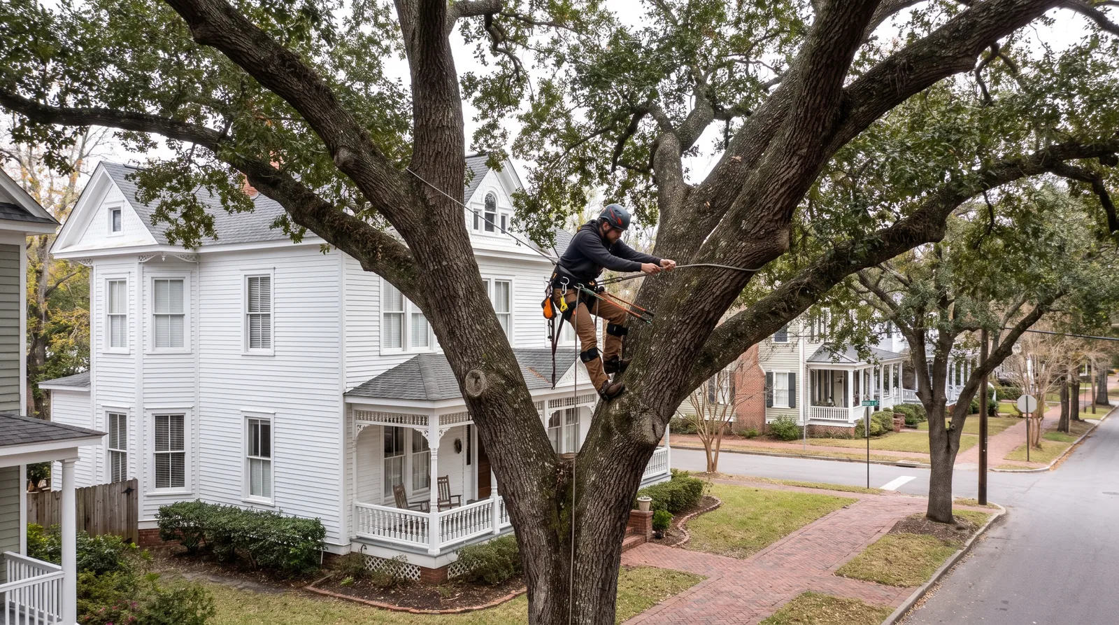 Arborist installing a support cable between two leaders of an old oak in a historic Concord neighborhood