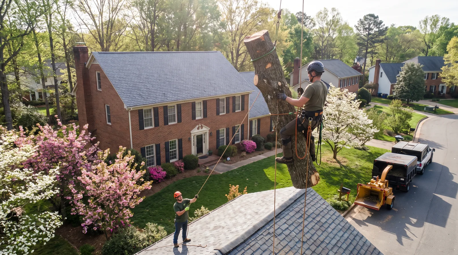 Climber roping a trunk section down over the roof of a two-story brick home in a Concord cul-de-sac